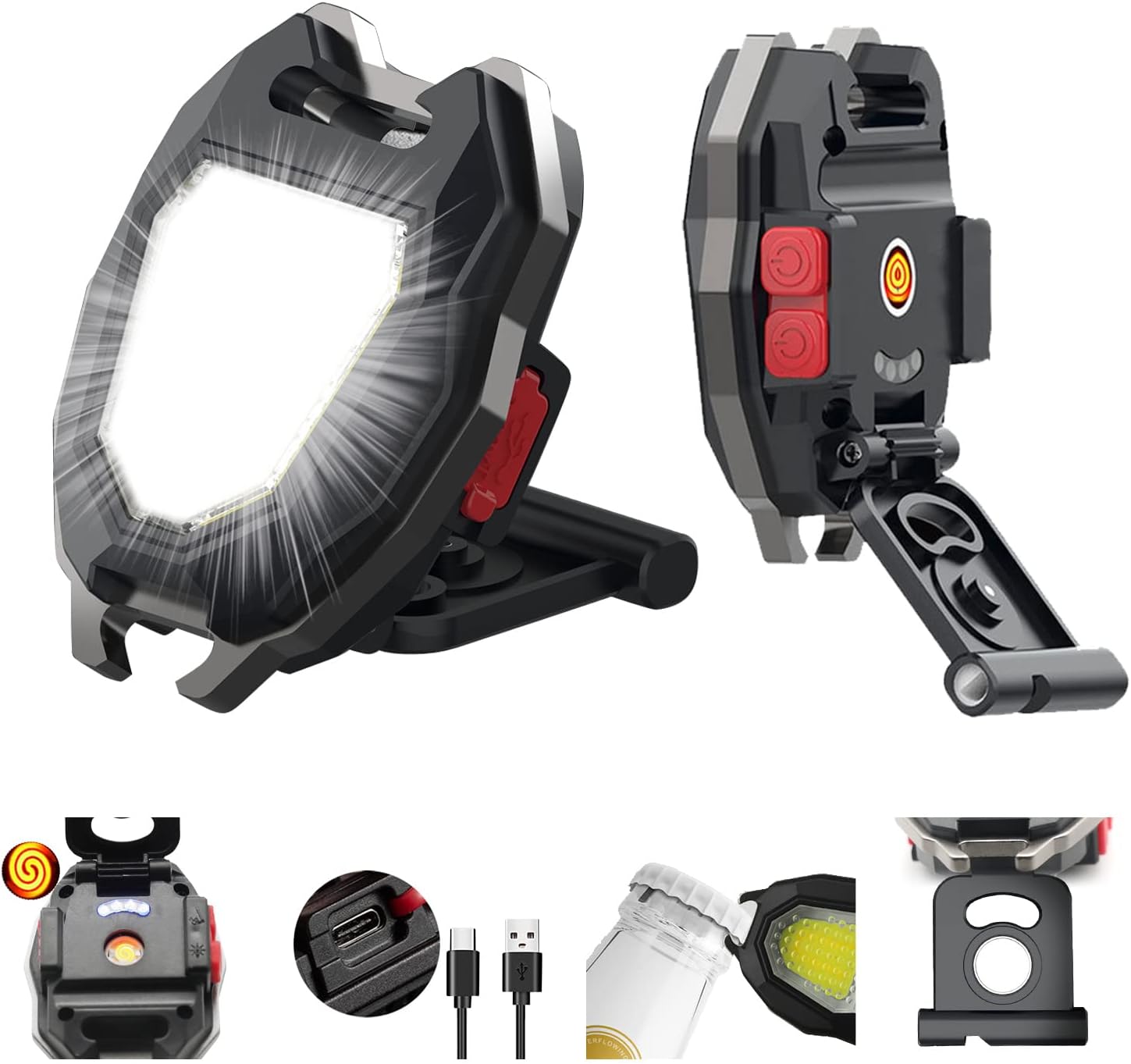 LED COB Small Flashlight with Lighter , Max 1200 Lumens Super Bright 7 Light Modes Light ,with Magnet Base and Folding Bracket Bottle Opener, for Camping Fishing Repair Walking and Emergency Lighting