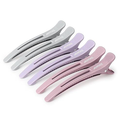 AIMIKE Hair Sectioning Clips with Silicone Band - 6pcs No Crease Duck Billed Clips for Styling, Cutting, and Rollers in Morandi Color - 6pcs Morandi