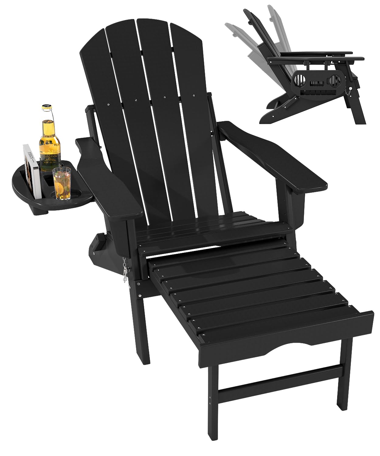 FOOWIN Folding Adjustable Adirondack Chair with Retractable Ottoman,HDPE Adirondack Chair w/4 in 1 Cup Holder Trays,All-Weather Resistant Fire Pit Chair for Outdoor Patio Lawn, Black