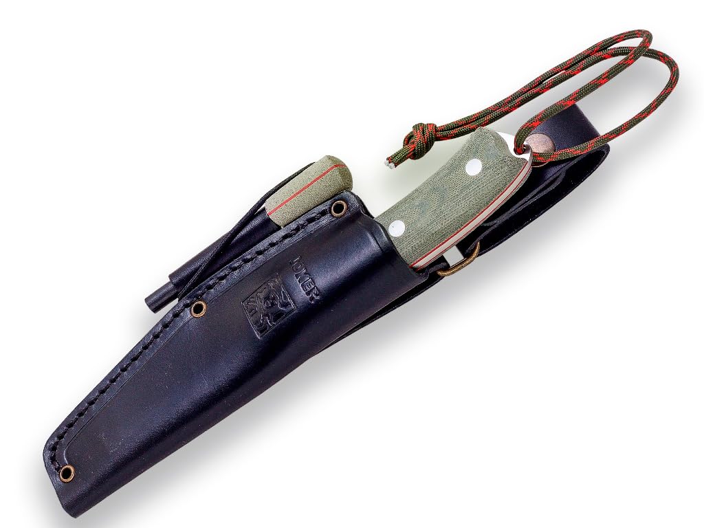 Joker Bushcraft Bushcrafter Jagdmesser CV120-P, Gürtelmesser mit 10,5 cm Klinge aus Böhler N695 Stahl und Leder Scheide mit Feuerstahl, Werkzeug zum Fischen, Jagen, Camping und Wandern