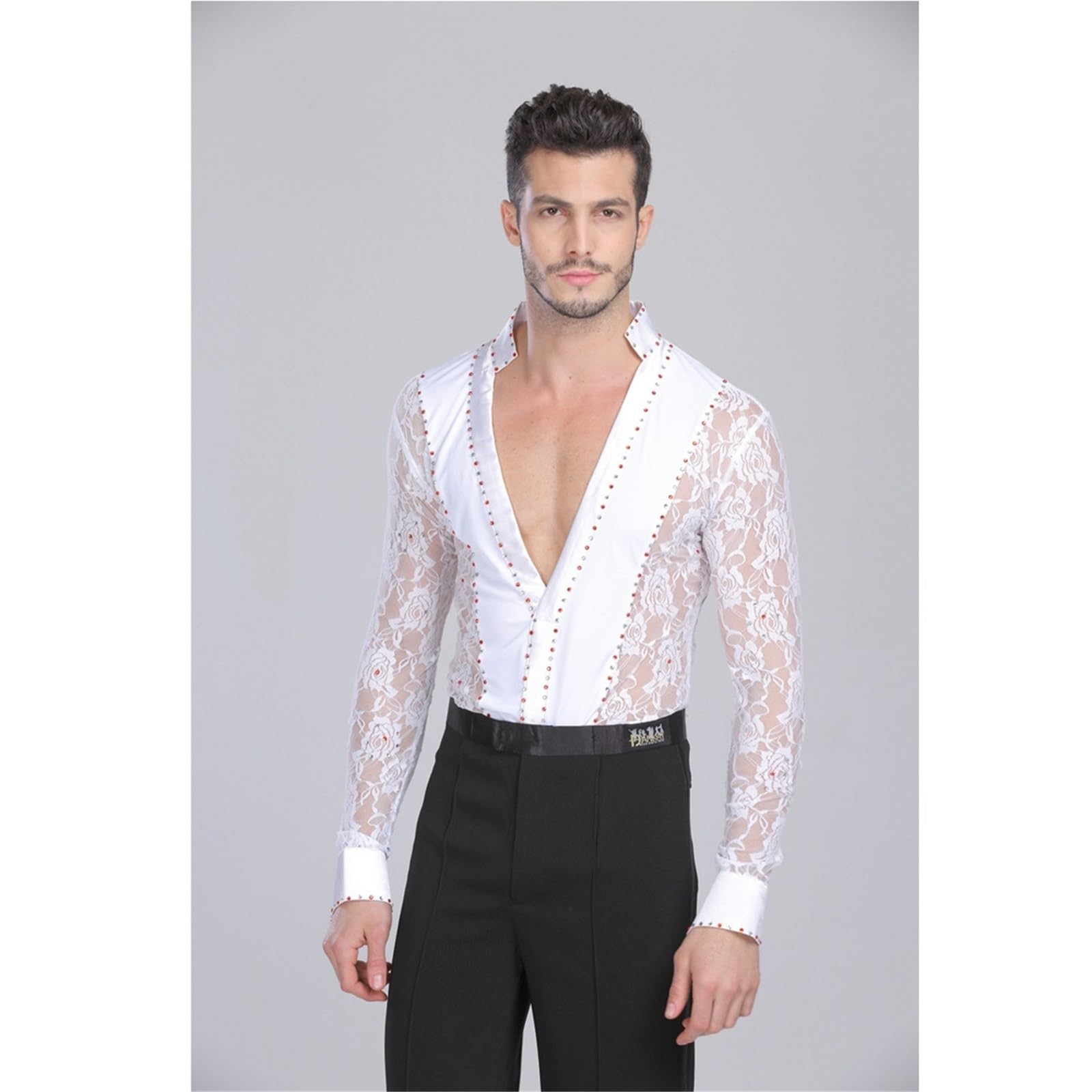 Ropa de Baile Latino for Hombre, con Encaje en Blanco y Negro, for Bailar vals, salón, actuación, Camisas, Tops Pantalones para Hombre, Salsa, Jazz, Danza