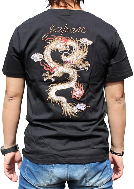 Amazon 和柄半袖tシャツ 和柄シャツ 和柄刺繍tシャツ Yh 龍 和柄シャツ絡繰魂和柄メンズ L 黒 Tシャツ カットソー 通販
