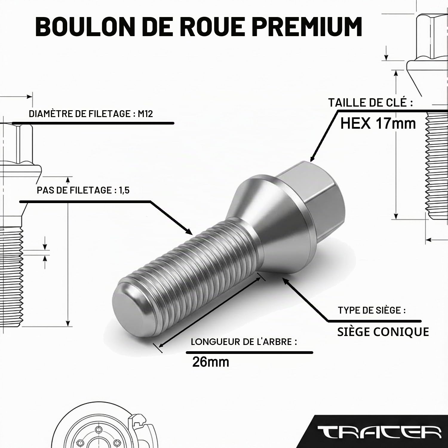 20 boulons de roue à bride conique M12 x 1,5 26 mm, compatibles avec Mini, Dacia, BMW, Smart