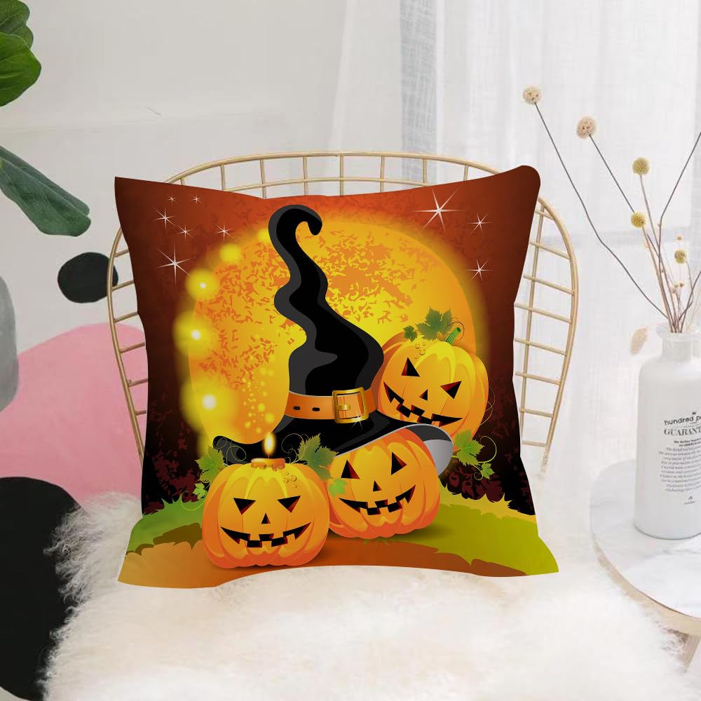 HYOSXW Cushion Cover,Throw Pillow Case Home Decorative for Living Room Bedroom Sofa Chair 16X16 Inch,Halloween, Witch Hat Spooky Pumpkins Magical Night Autumn Nature Full Moon, Lig,Pillowcase 40X40cm