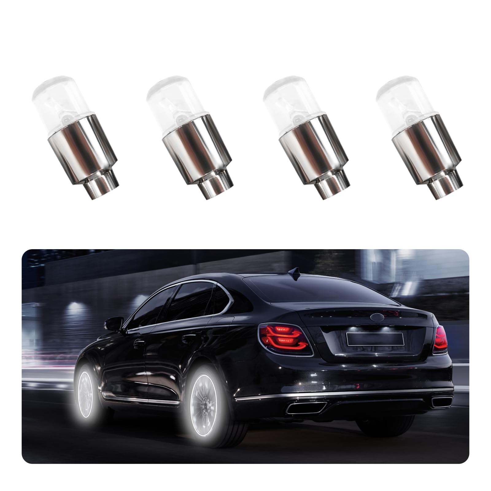 4 PCS LED Tire Valve Stem Cap Lights, Cool Light &amp; Shock Sensor Night Flash Light for Tire Decor, Waterproof Motion Tire Spoke Light for Most Vehicle, Car Accessories (White)