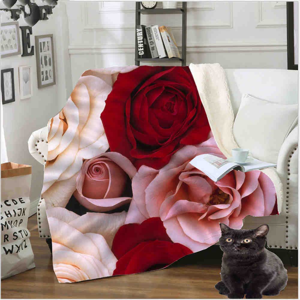 Red Rose Flower Bedding Flannel Blanket Sherpa Thin Quilt Blanke Plush Warm Room Decor Sofa Chair Cover
