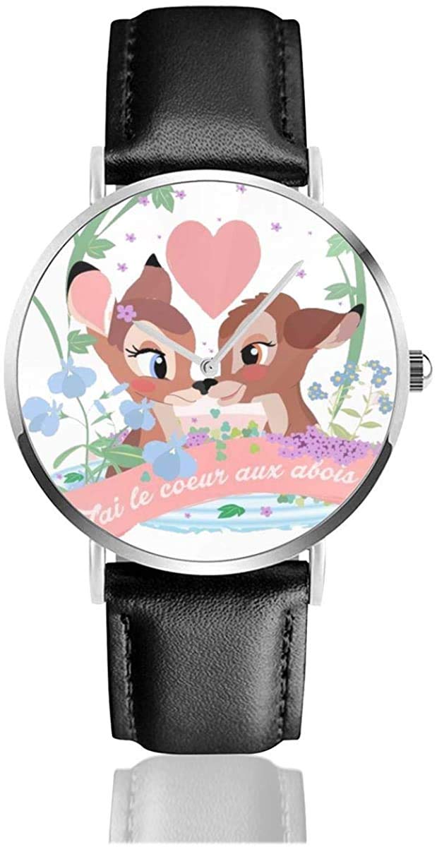 Bambi The Cute Deer Black Quartz Movement Stainless Steel Leather Strap Watches Casual Fashion Wrist Watches