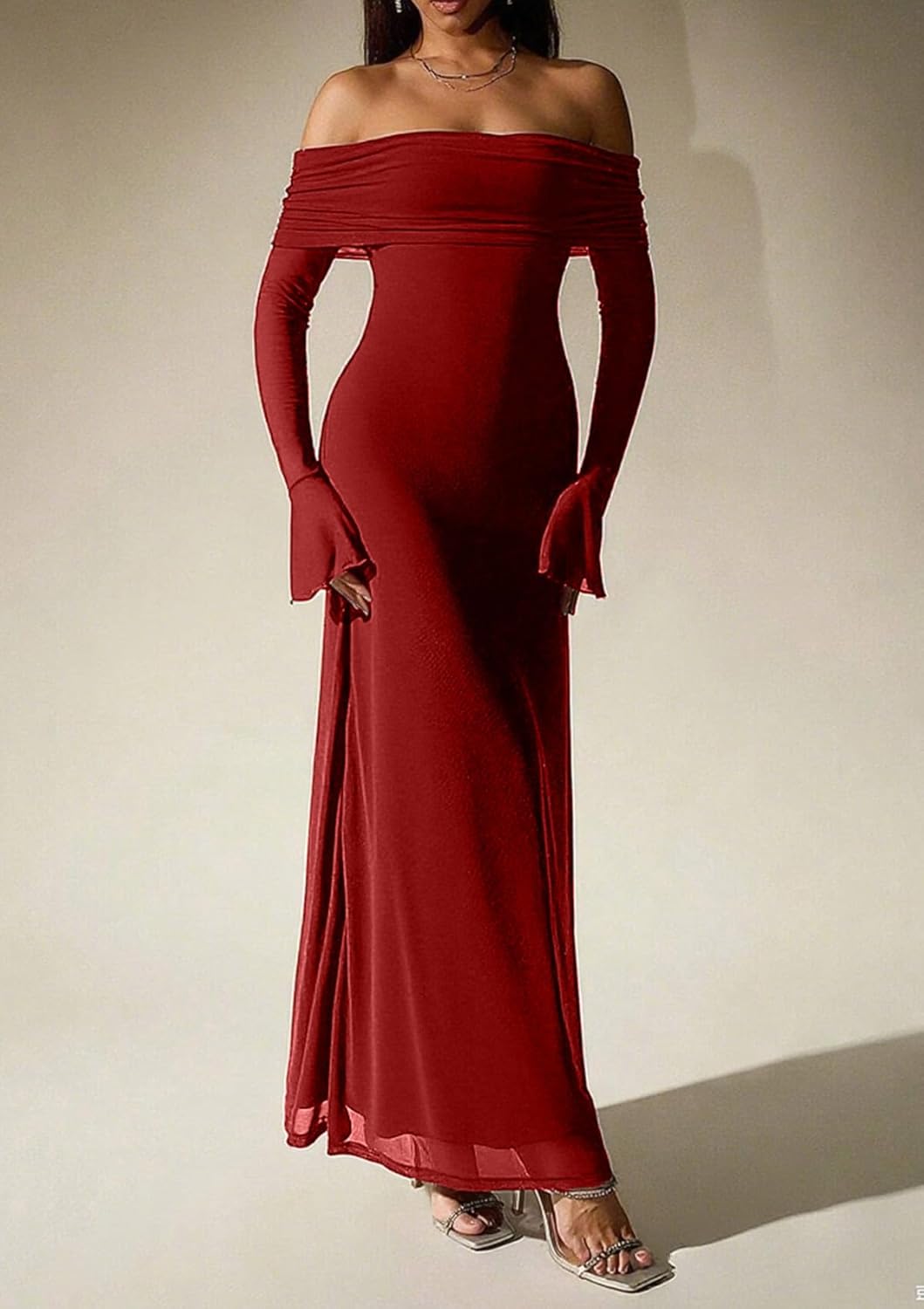 Women Off Shoulder Bodycon Maxi Dress Long Sleeve Mesh Ruched Party Formal Wedding Guest Dresses - Image 3