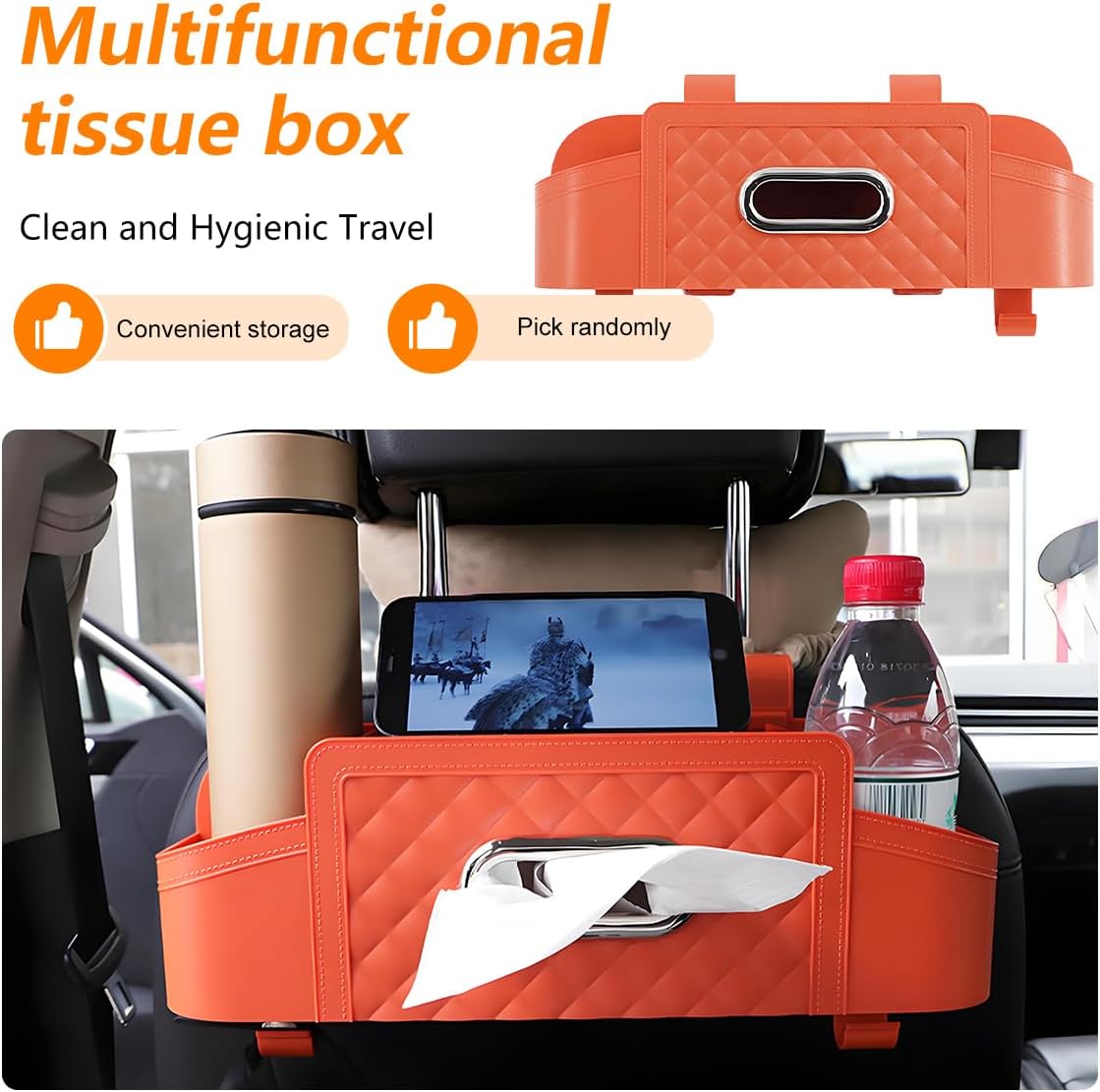 Osilly Car Headrest Backseat Organizer, Multi-Functional Vehicle Headrest Hanging Storage Box with Hook Cup Phone Holder Tissue Box, Automotive Interior Seat Back Organizer, Universal Fit (Orange)