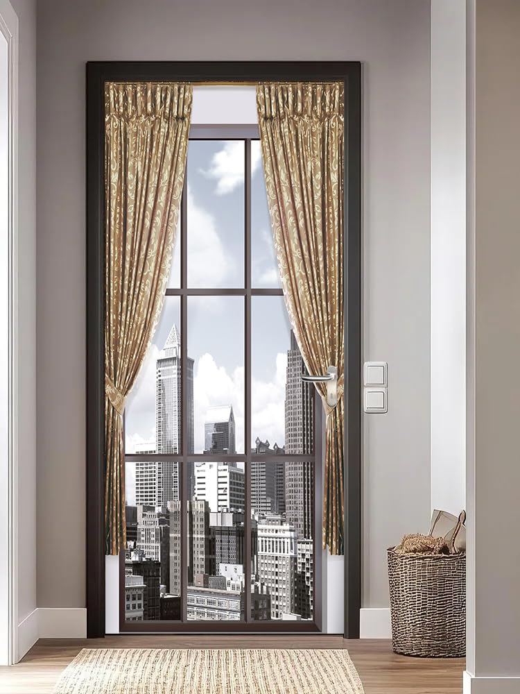 FLFK 3D Door Mural Peel and Stick 85x215cm - View from Window of The City Self-Adhesive Door Stickers Wallpaper Wall Poster Decals for Bedroom Home Decor(2Pcs/Set)