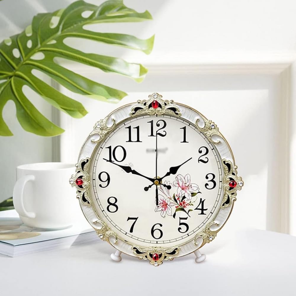 European Wood Table Clock Living Room Bedroom Desk Clock Retro Sitting Clock Ornaments Large Desktop Table Watch (30cm)