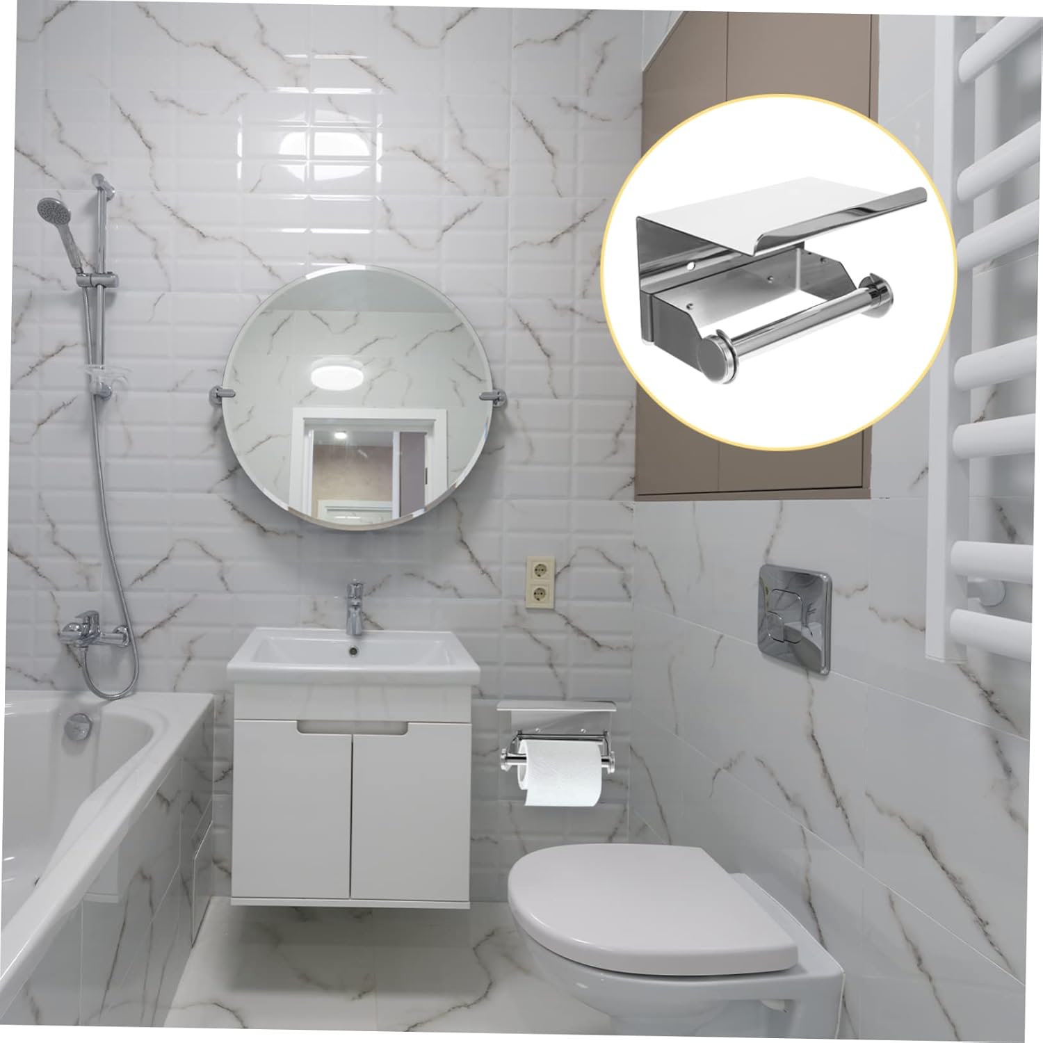 Stainless Steel Toilet Paper Holder with Shelf Rustproof Bathroom Storage Rack for Tissue and Items Easy Install Wall-Mount Design for Use