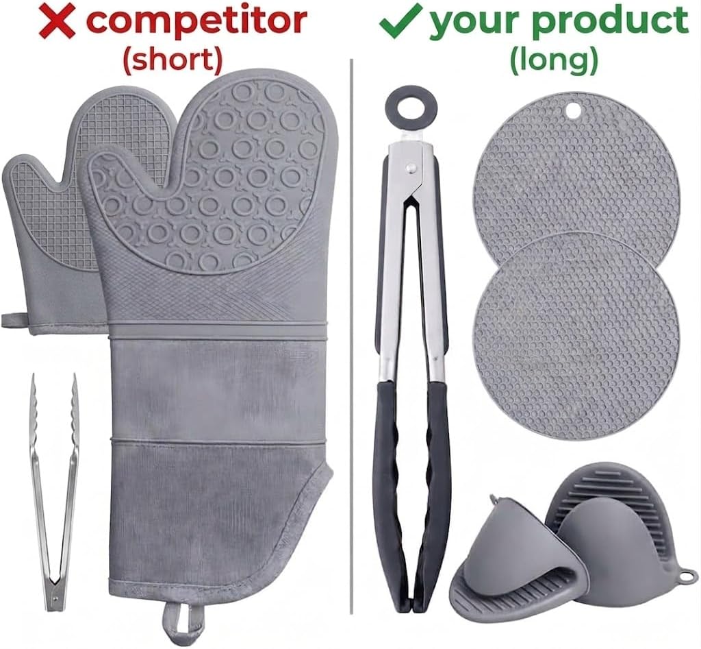 Extra Long Silicone Oven Mitts Set (7-Piece) – 450°F Heat Resistant Kitchen & BBQ Gloves with Non-Slip Grip, Pot Holders & Tongs – Cooking & Baking Gift Set (Grey)