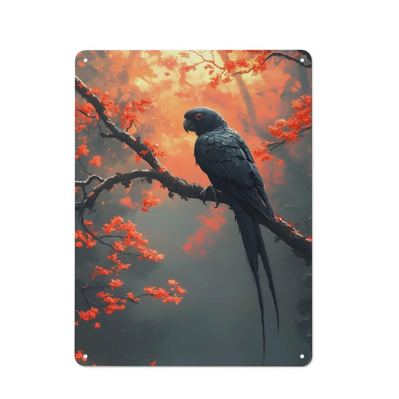 Country Style Black Parrot on Cherry Blossom Branch Decorative Metal Sign 40x30cm, Bistro Wall Plaque for Restaurant, Kitchen, Counter Or Breakfast Nook