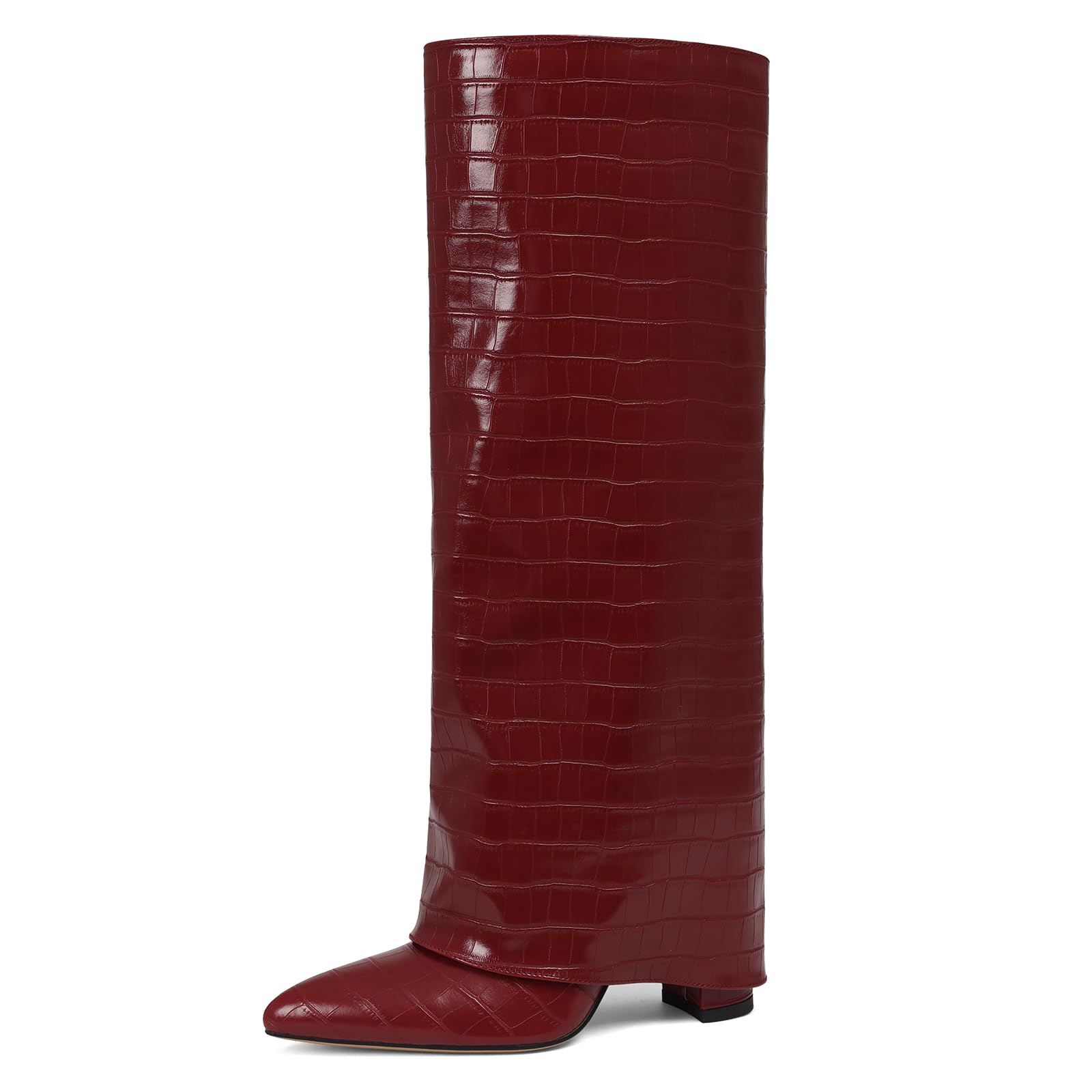 Lyrisiphy Knee High Slouchy Boots Women Fold Over Chunky High Heeled Wide Calf Boots Pointed Toe Shark Casual