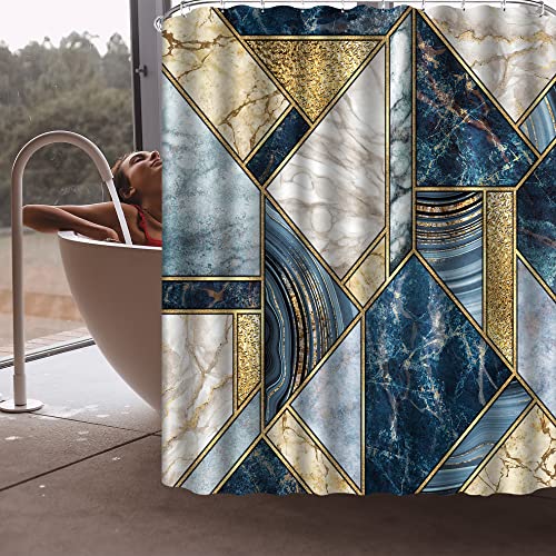4 Pcs Blue Marble Shower Curtain Sets, Blue Gold Irregular Geometric Abstract Bathroom Decor, Rug Toilet Lid Cover And Non-Slip U Shape Mat, Waterproof Modern Shower Curtain With 12 Hooks, 72 X 72 In #TOP2