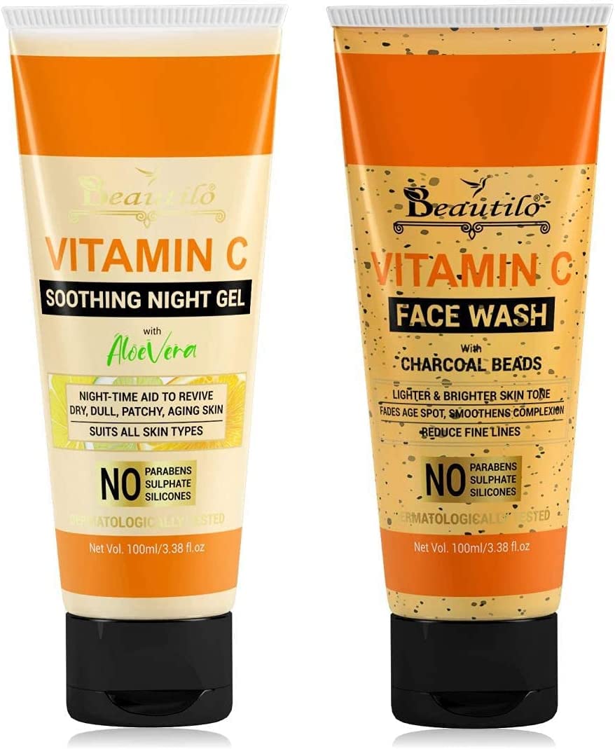 Beautilo Daily Fresh & Moisturizing Pack (witamina C do mycia twarzy z koralikami węglowymi i witaminą C, kojący żel na noc), 200 g (2 sztuki)