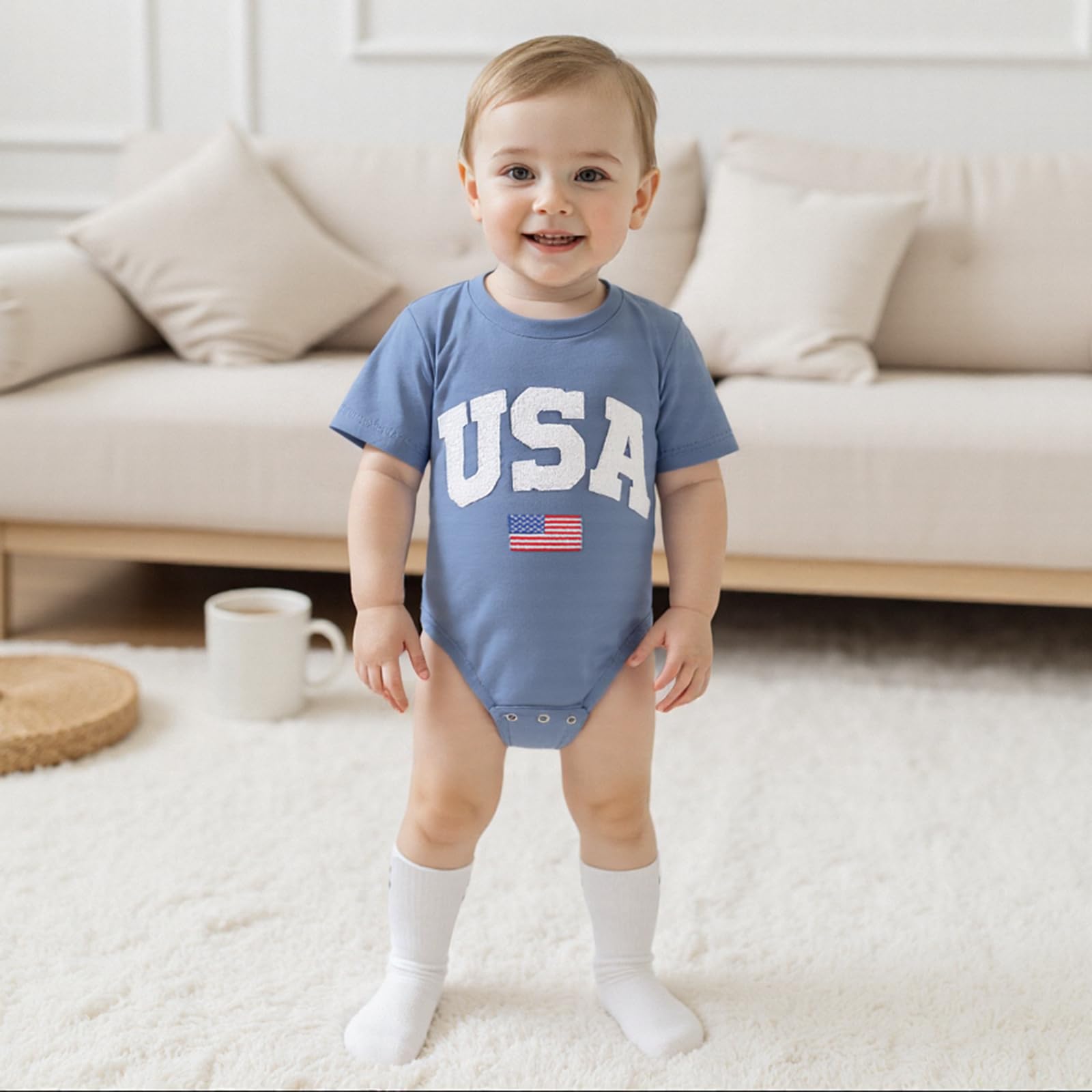 FYBITBO 4th of July Baby Boy Girl Outfit Newborn Bubble Romper American Flag Bodysuit Fourth of July USA Summer Clothes (Blue, 0-3 Months)