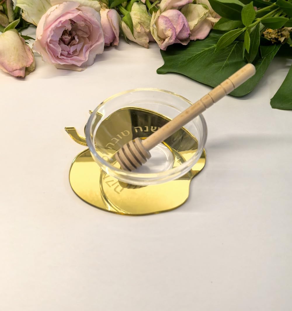 Set of 6 Rosh Hashanah Apple-Shaped Honey Dish Set with Dipping Spoon - Gold Acrylic Jewish New Year Table Decorations for Family Gatherings and Holiday Gifts (Gold Mirror)
