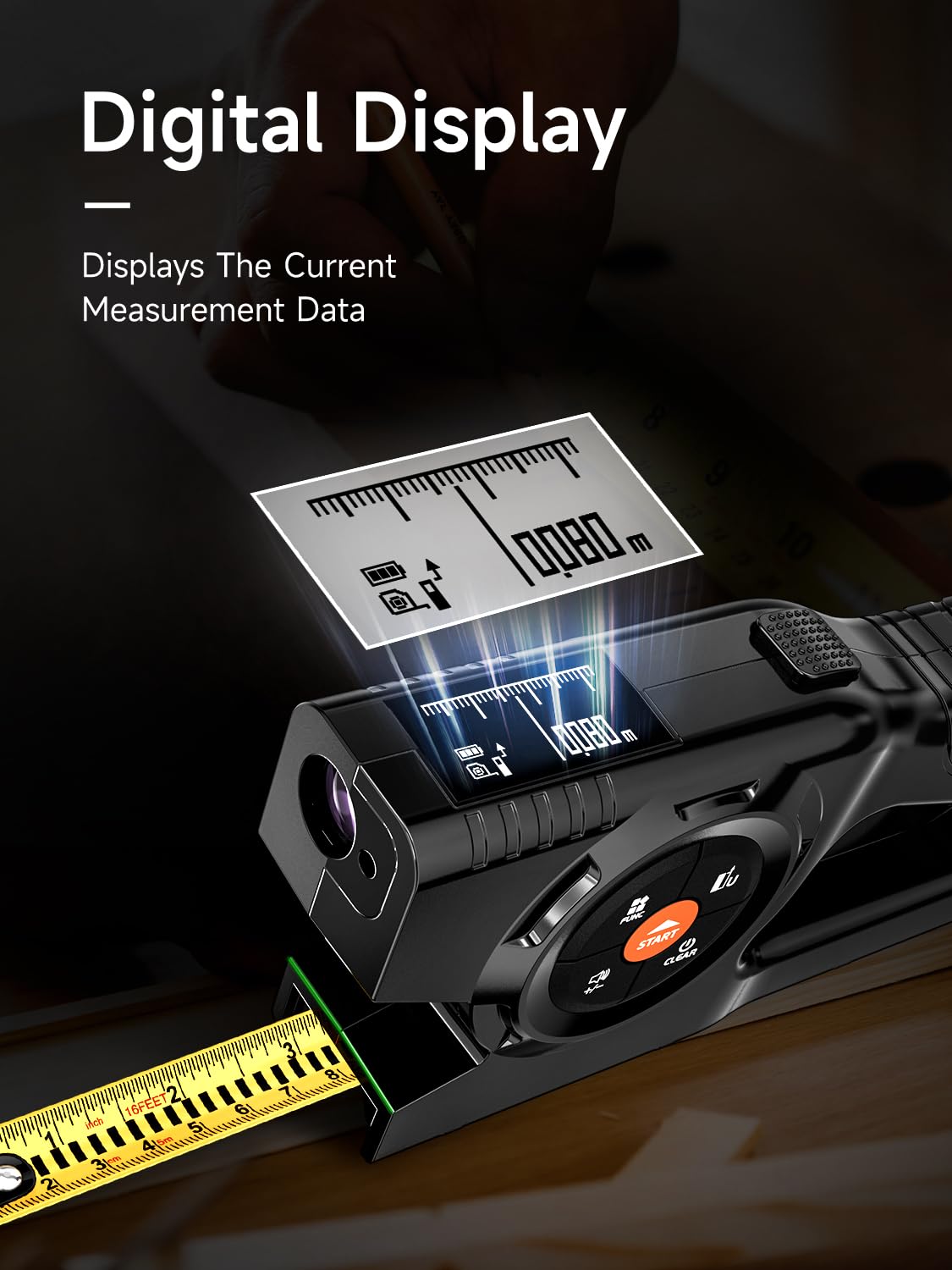 Télémètre Laser 3-en-1, Mètre Laser de 196ft/60m et Ruban à Mesurer à Verrouillage Automatique avec Affichage Numérique Instantané et Extension Laser Verte, Liste de Mesure avec Mémoire