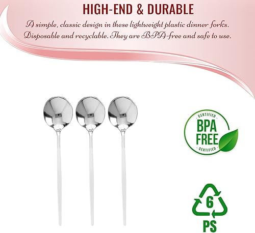 Miniatura 3 de Cucharas de plástico desechables plateadas con mango blanco, paquete de 240 cubiertos resistentes de 8.1 pulgadas sin BPA, elegantes cucharas