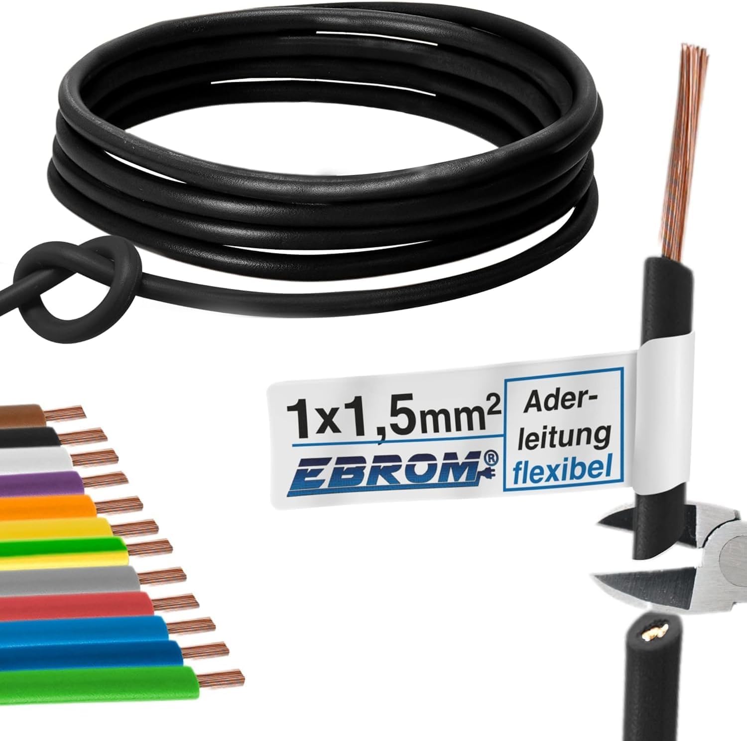 EBROM Aderleitung Einzelader flexibel H07V-K 1,5 mm² SCHWARZ - 100 Meter | 1,5 mm2 - Litze, Schaltlitze, Einzelader flex, PVC Leitung, Verdrahtungsleitung, Schaltdraht, flexibles mehradriges Kabel