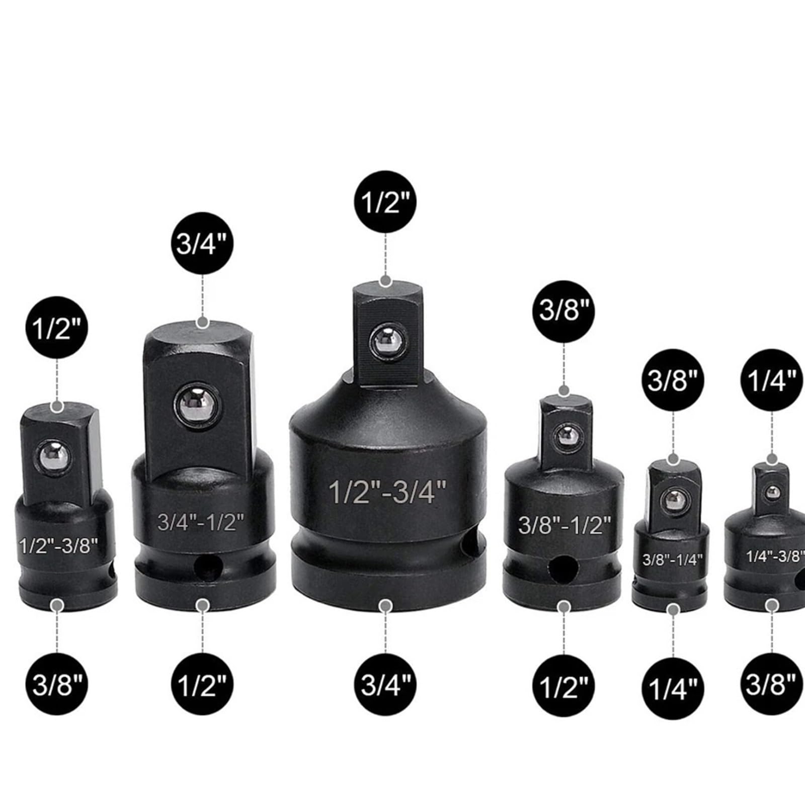 6 szt. Klucz nasadowy 1/4 1/2 3/8 3/4 Zestaw kluczy grzechotkowych pneumatycznych Adapter tulejowy Zestaw przedłużek