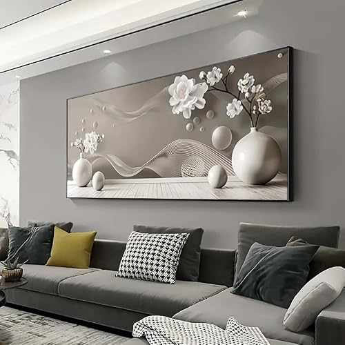 SDVIB Modern Abstract Canvas Painting White Vase with Blooming Flowers and Subtle Gray Waves,for Home Decor Canvas Prints(40x80cm/ Frameless)