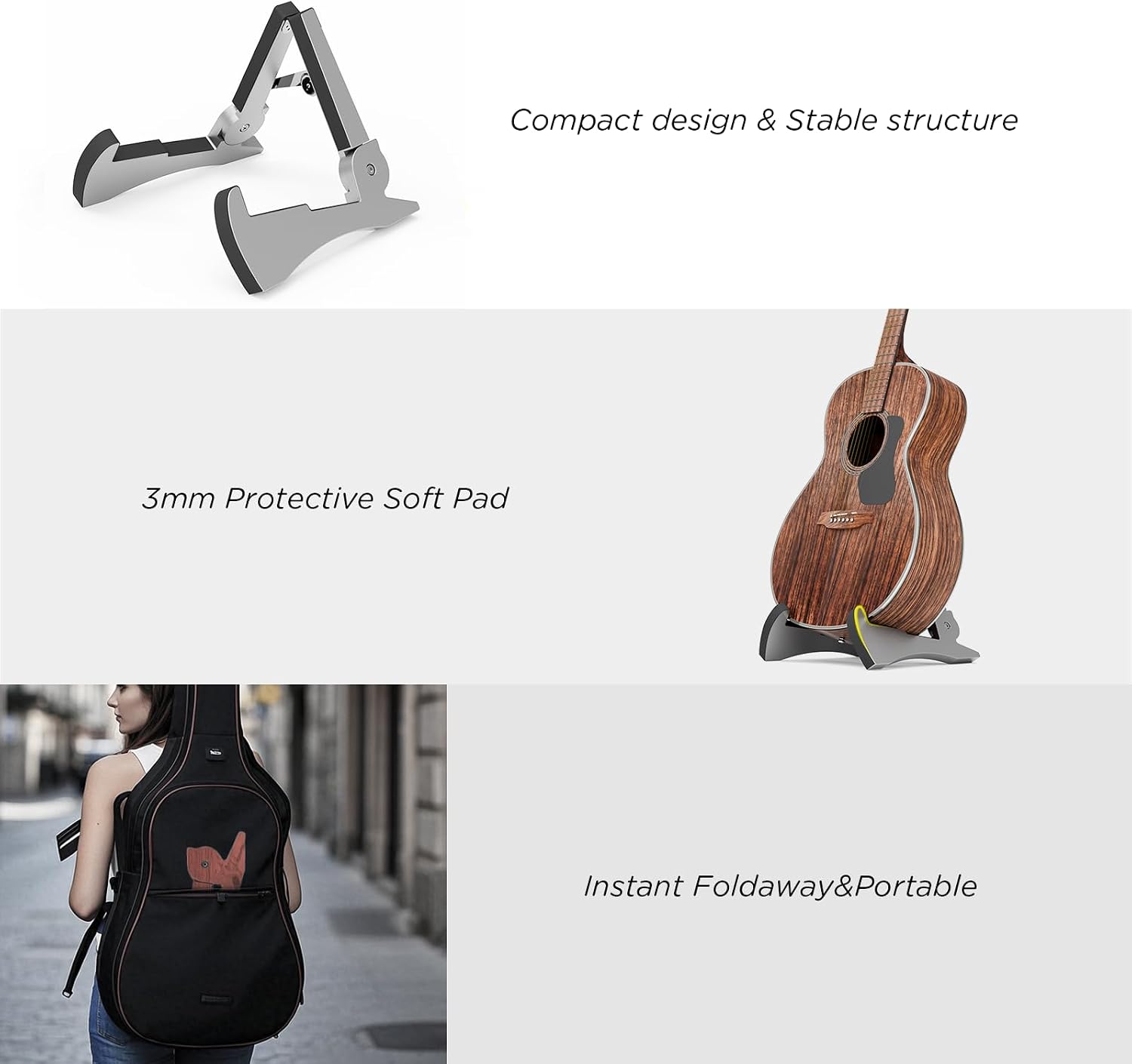 DIDA Portable Travel Guitar Stand, Lightweight Stable A- Frame Plastic Guitar Stand Holder for Acoustic, Electric Guitars, Ukulele, Foldable Guitar Stand Floor, Single Guitar Holder (Silver)