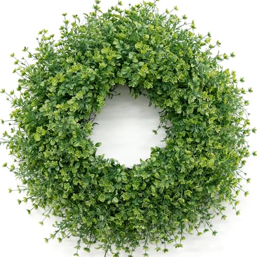 Image of 28 Inch Large Boxwoods Wreaths for Front Door Artificial Green Leaves Greenery Indoor Outdoor Wreath Home Decor Porch Window Wall Farmhouse Door Decorations Spring Summer Fall All Seasons