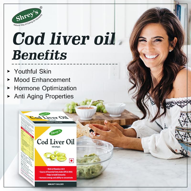 Image of Shrey's Cod Liver Oil | Vitamins A & D | Boost Immunity | Increase Energy Level | Supports Healthy Heart | Maintain Healthy Brain and Vision Health - 100 Capsules (Immunity Booster) (Pack of 1)