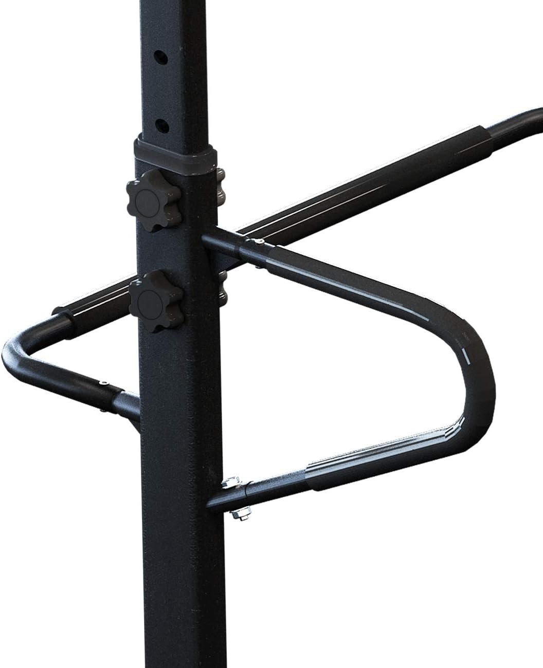 Close-up of the adjustable dip handles and locking knobs