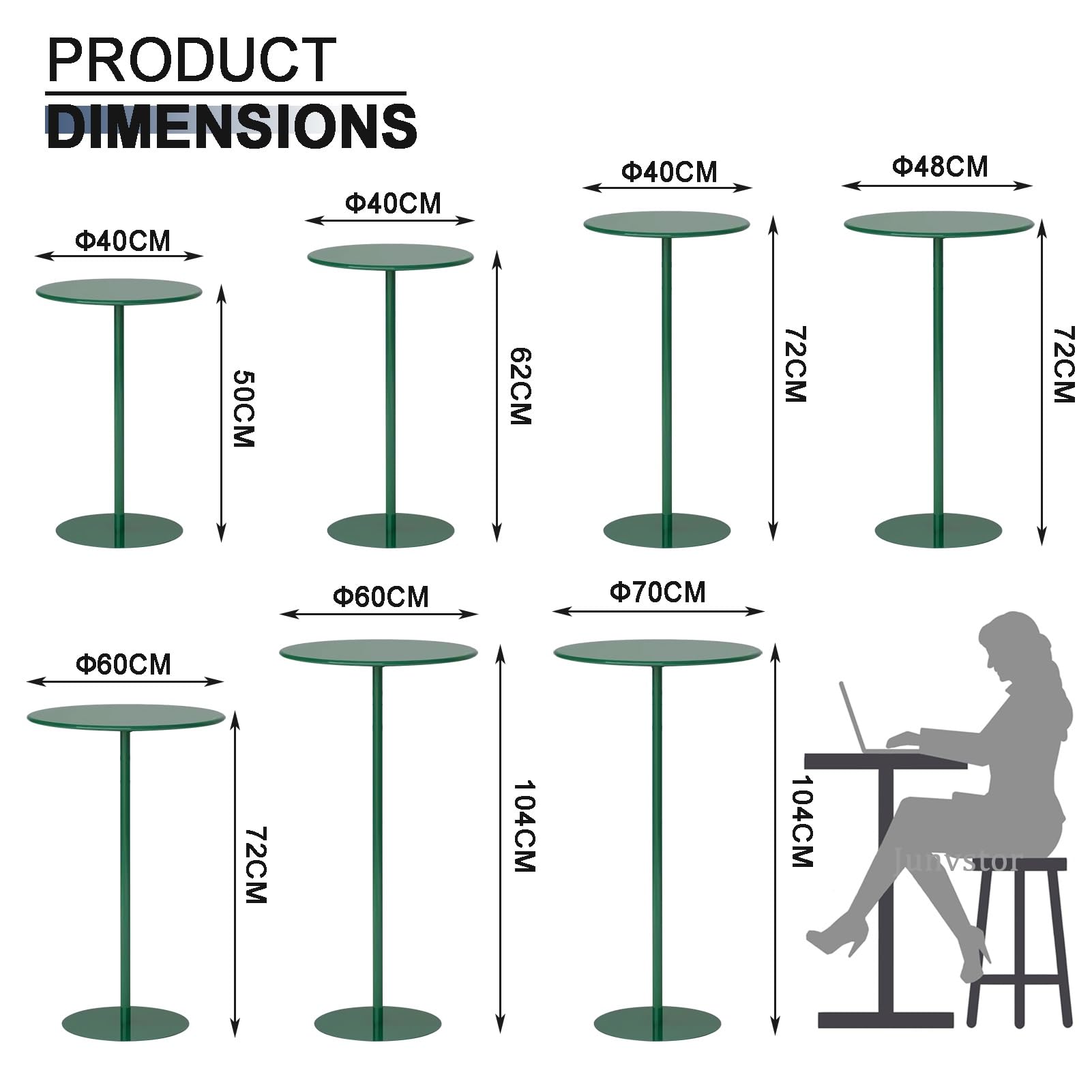 Table de bar d'extérieur en métal vert pour terrasse, bistrot, pub avec comptoir de boissons, table d'appoint de jardin pour intérieur et extérieur, 48 x 48 x 72 cm