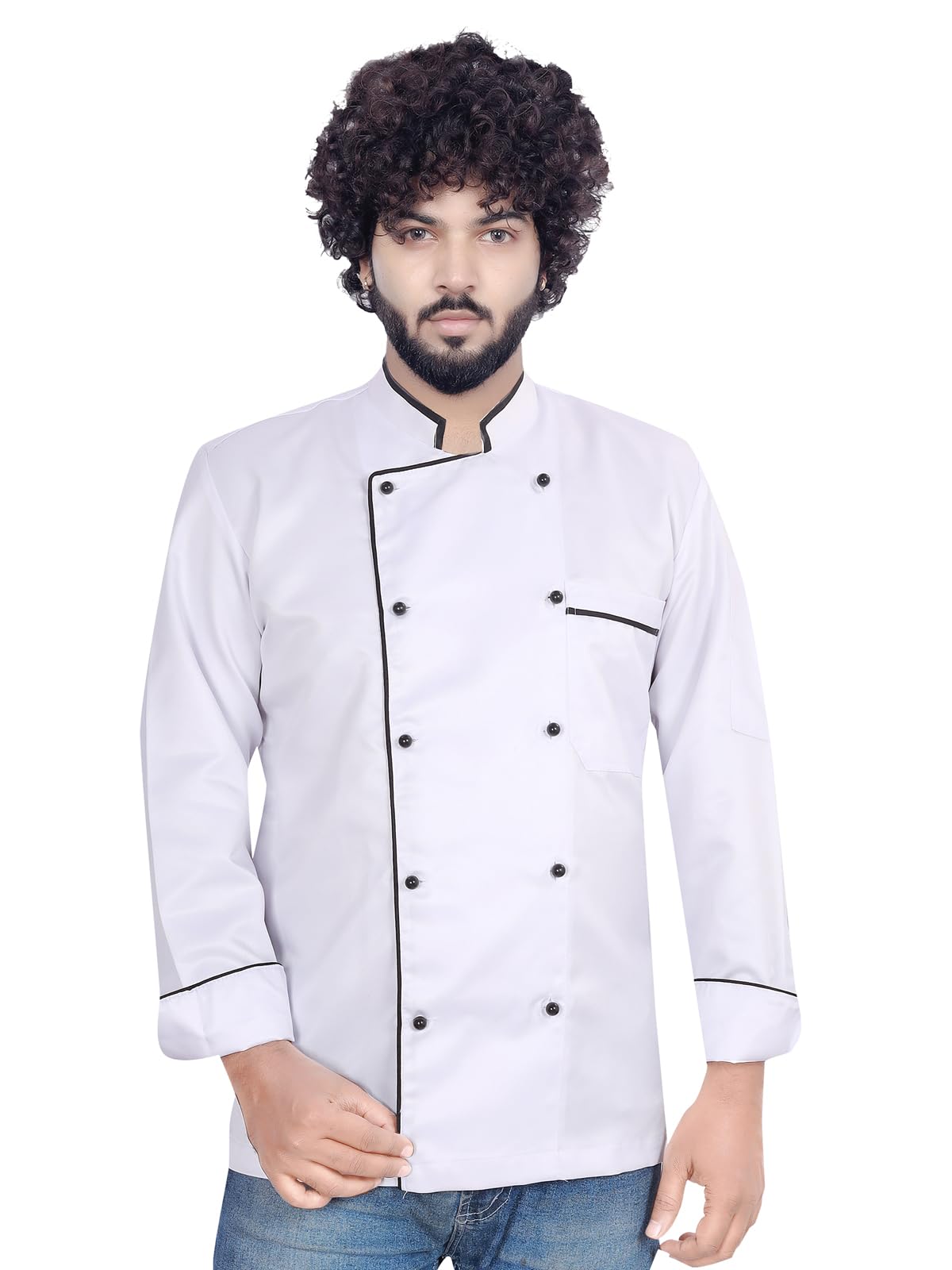 click one Men's And Women's Chef Coat Contrast,PolyCotton, Single Pipieing Mushroom Button-picture-15