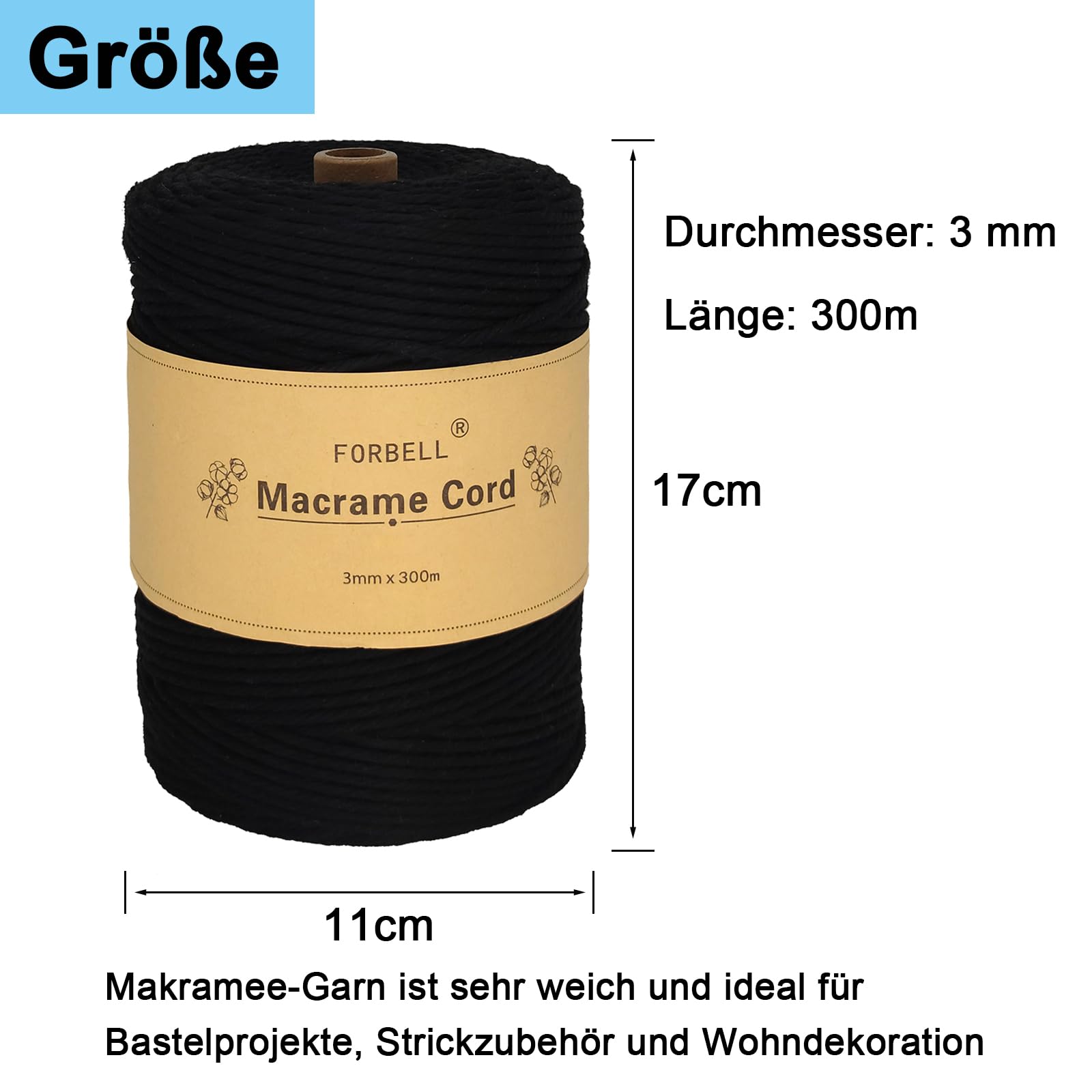 FORBELL Macrame Yarn, 2 mm x 300 m Premium Cotton Yarn, DIY Crafts (Bean Green, 3 mm x 300 m) - Image 2