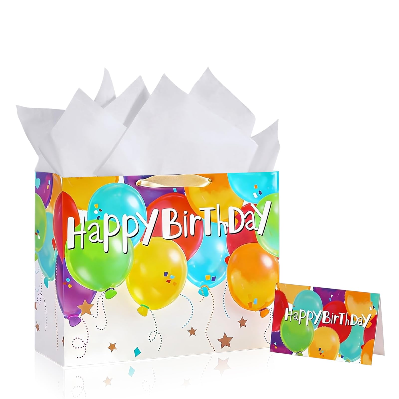 Large Birthday Gift Bag for Kids Adults Presents Colorful Balloons Design Gifts Bag,33*26*12cm Happy Birthday Party Present Bags with Handles and 3 Wrappers 1 Card,Luxury Paper Gift Bags for Girl Boy