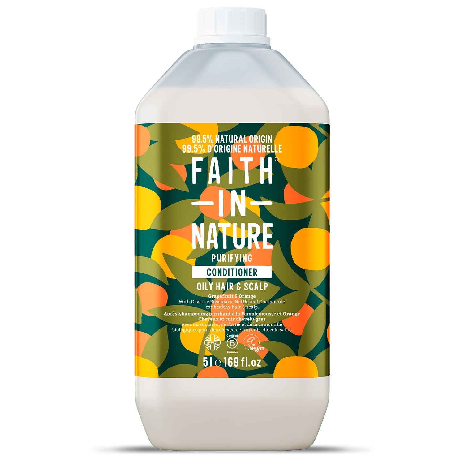 Faith In Nature Après-Shampooing Naturel au Pamplemousse et à l’Orange, Purifiant pour Cheveux et Cuir Chevelu Gras, Végan et Non Testé sur les Animaux, Sans SLS, Silicones ni Parabènes, Recharge 5 L