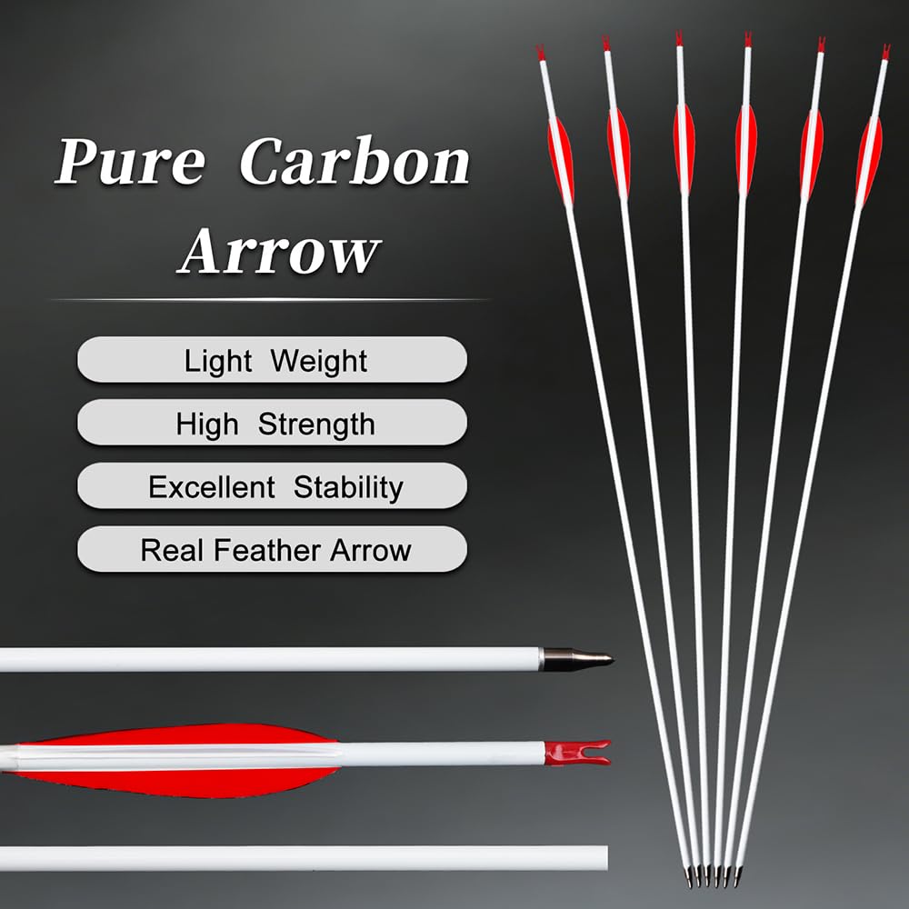 12 Stück Jagdpfeile Spine 500 600 700 800 Pure-Carbon-Pfeil 4" Rot-Weiß Naturfeder für Compoundbogen Recurvebogen Zielübungen Bogenschießen