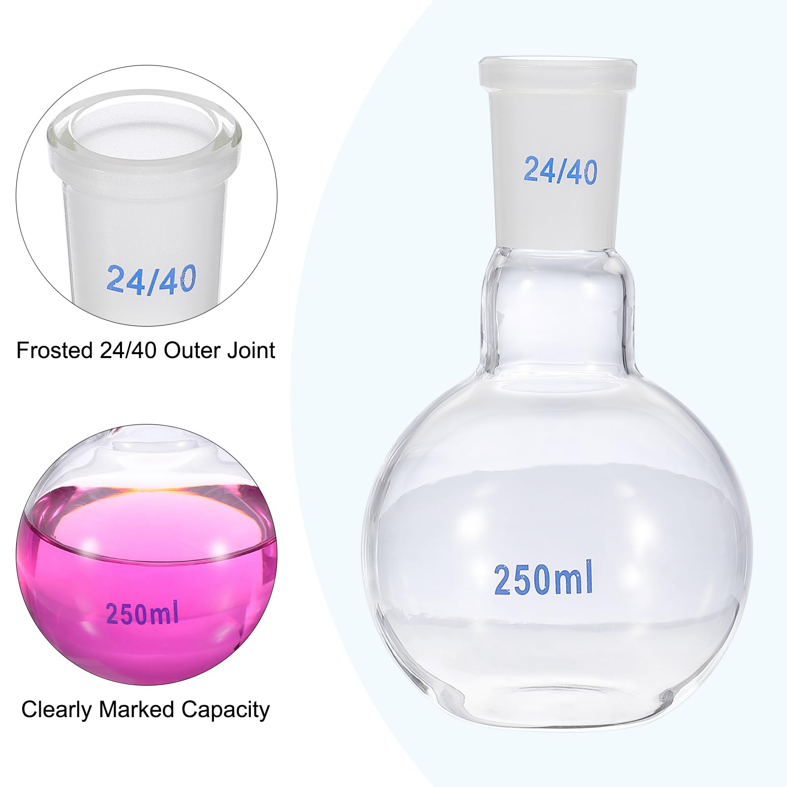 PATIKIL Ballon À Fond Plat 250ml, Ballon En Verre Borosilicate 3.3 À Col Simple Avec Joint Extérieur Conique Standard 24/40 Pour Laboratoire, Transparent