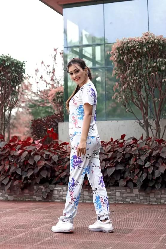 Image of Women Printed T-Shirt and Track Pant Set | Cotton Co-Ord Night Suit for Women | Lounge Wear, Sleepwear, Gym Wear | Half Sleeve Top & Elastic Waist Joggers | Stylish
