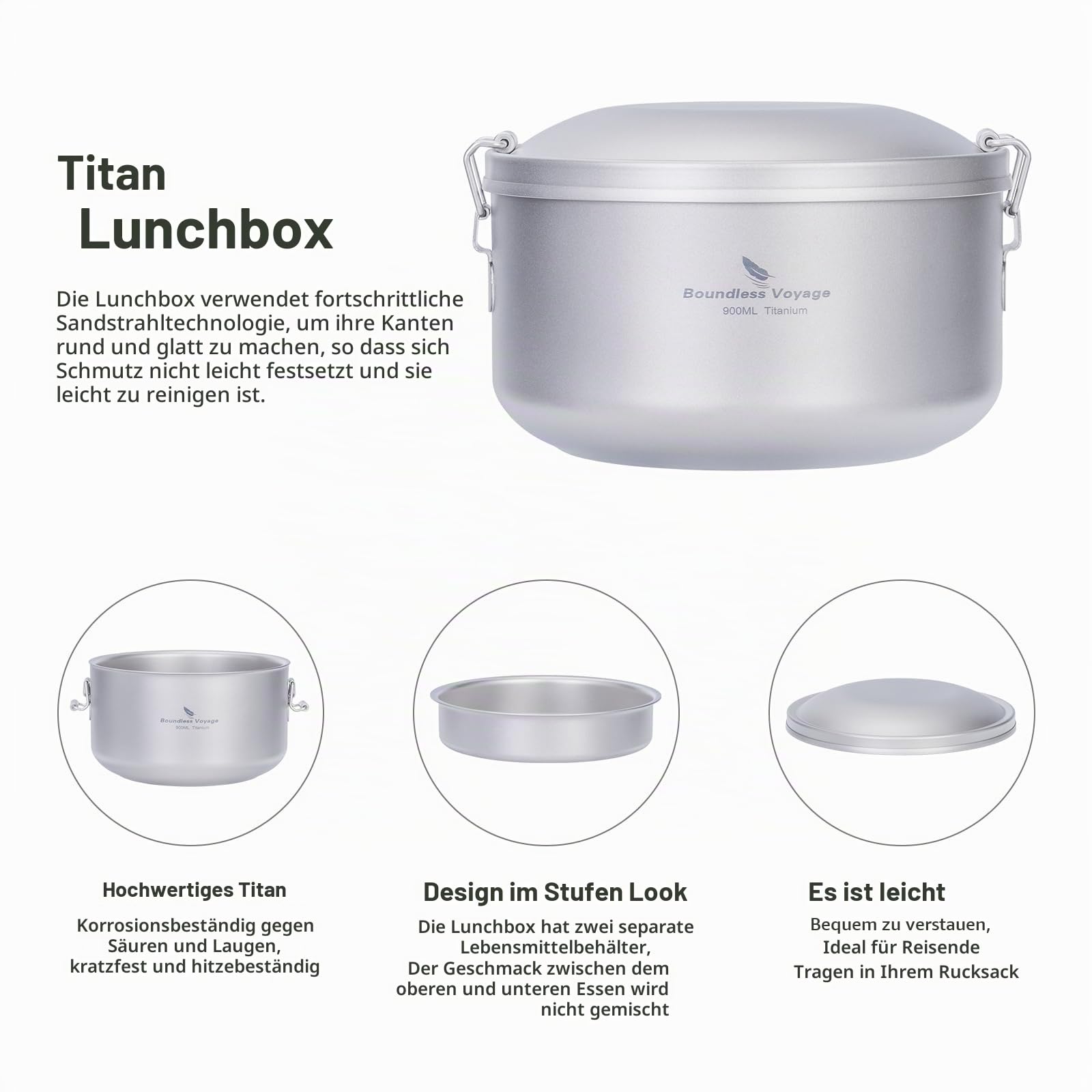 iBasingo Titan Brotdose Outdoor Bento Box Leichte Täglicher Büroangestellter Camper Student Dinner Box 900ml Schüssel 250ml Gericht Set mit Deckel Getrennte Mehrschichtige Geschirr Mess Kits Ti1095T