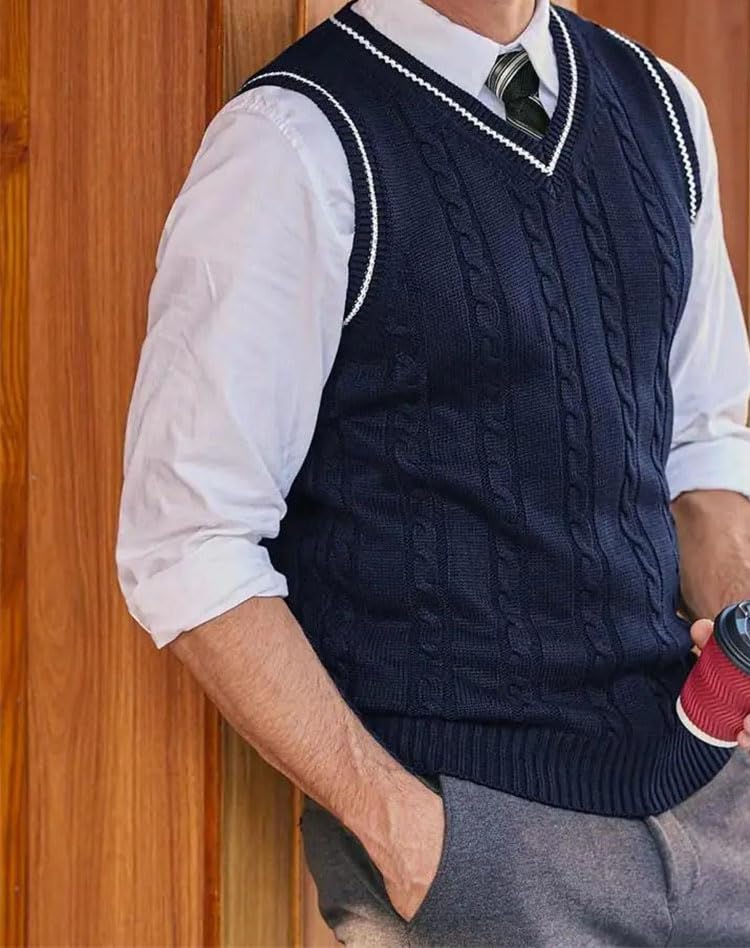Mens Sweater Vest Color Blocking Design Slim Fit Knit Vest V Neck Preppy Style Sleeveless Pullover2