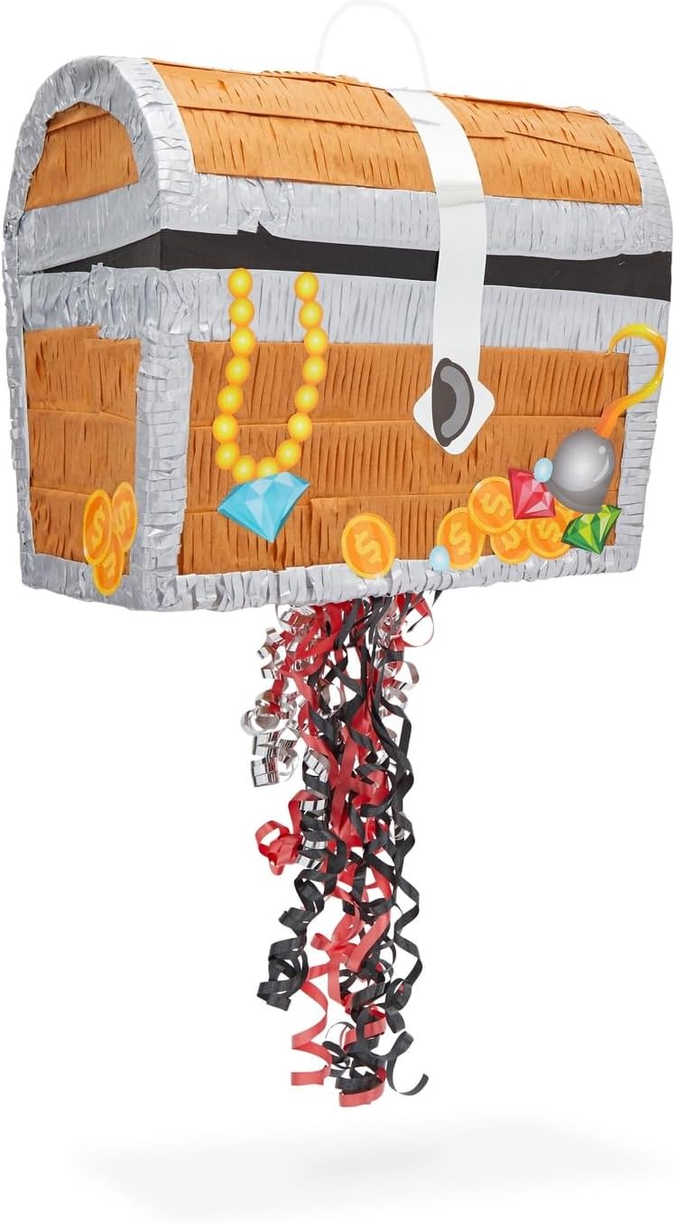BLUE PANDA Pull String Treasure Chest Pinata - 12 x 10 x 6.5 In, Blue - Pirate Treasure Chest Birthday Pinata & Pirate Party Decoration