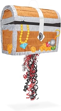 BLUE PANDA Pull String Treasure Chest Pinata - 12 x 10 x 6.5 In, Blue - Pirate Treasure Chest Birthday Pinata & Pirate Party Decoration
