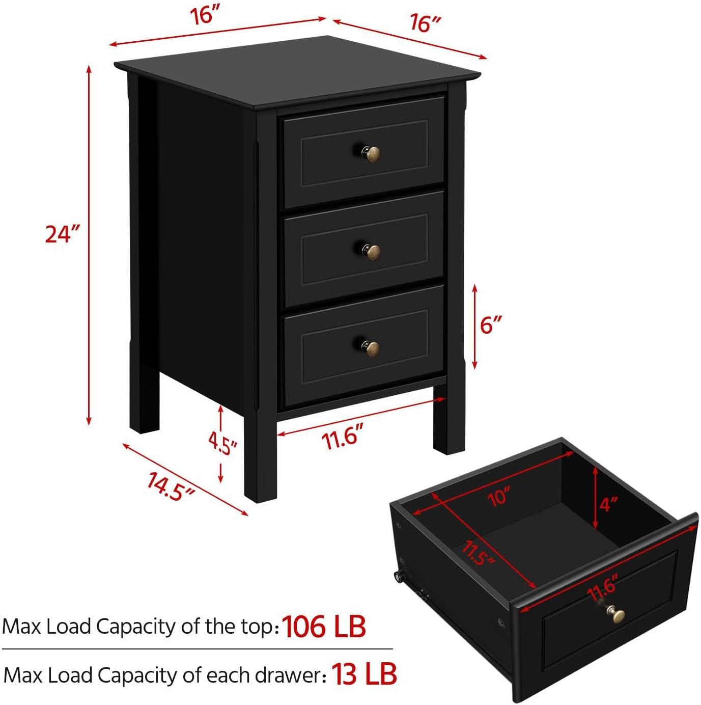 Diagram showing the dimensions of the nightstand and a single drawer, including load capacities.