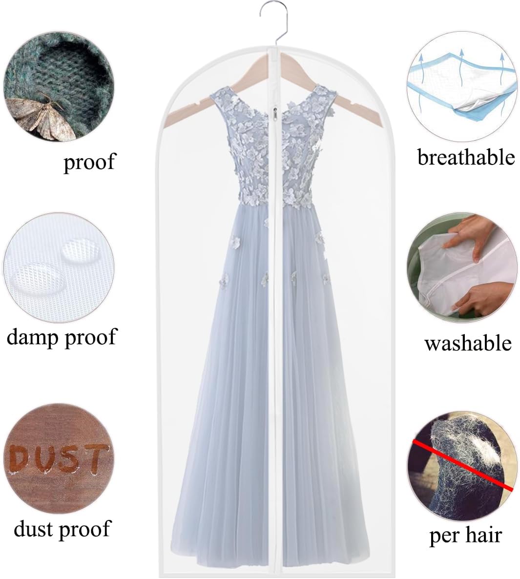 Garment Bags for Long Dresses,60in Clear Hanging Lightweight White Breathable Dust Proof Covers with Study Full Zipper for Clothes Storage Closet Pack of 6 - Image 6