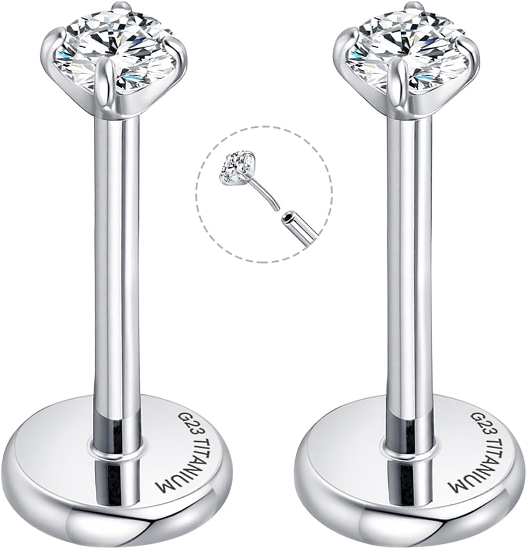 Threadless Flat Back Earrings for Tragus, Helix, Conch, Daith, Cartilage Piercings - G23 Titanium Flatback Stud Earrings with Grade AAAAA Cubic Zirconia - Threadless Flat Back Nose Stud Push Pin Ring Earring Studs (18g, 16g, 20g - 6mm, 8mm)