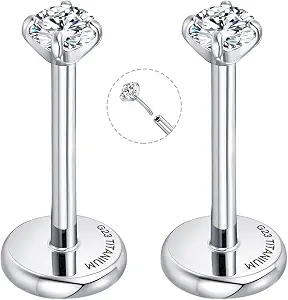 Threadless Flat Back Earrings for Tragus, Helix, Conch, Daith, Cartilage Piercings - G23 Titanium Flatback Stud Earrings with Cubic Zirconia