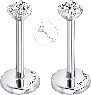 Threadless Flat Back Earrings for Tragus, Helix, Conch, Daith, Cartilage Piercings - G23 Titanium Flatback Stud Earrings with Grade AAAAA Cubic Zirconia - Threadless Flat Back Nose Stud Push Pin Ring Earring Studs (18g, 16g, 20g - 6mm, 8mm)