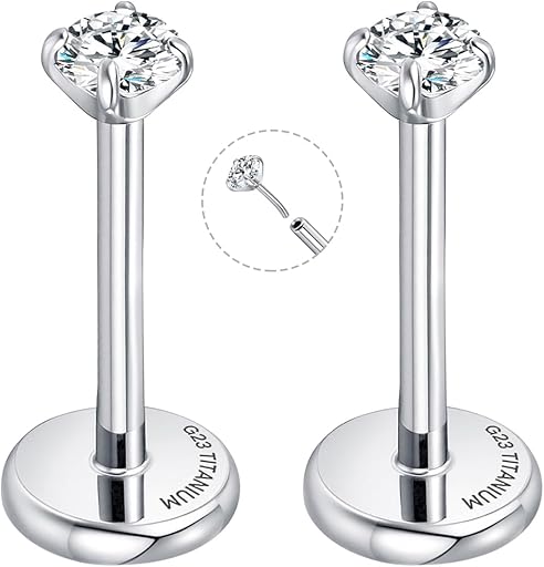 Threadless Flat Back Earrings for Tragus, Helix, Conch, Daith, Cartilage Piercings - G23 Titanium Flatback Stud Earrings with Grade AAAAA Cubic Zirconia - Threadless Flat Back Nose Stud Push Pin Ring Earring Studs (18g, 16g, 20g - 6mm, 8mm)
